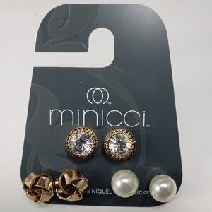 Set of 3 Pairs Gold Tone Minicci Crystal Stylish Stud Earrings for Women    C3